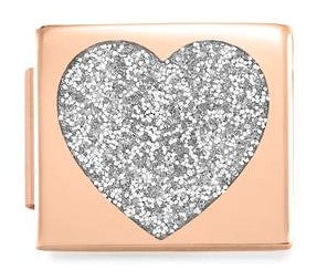 230203/01 Glam Steel,Enamel Fin, PINK GOLD Heart, SILVER GLITTER
