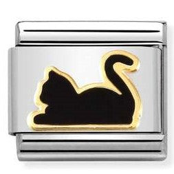 030272/80 Classic S/steel, enamel 18k gold Black cat lying down