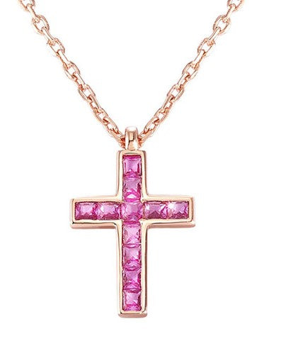CARISMATICA necklace 925 sterling silver cz (LARGE CROSS) PINK fin. Pink gold