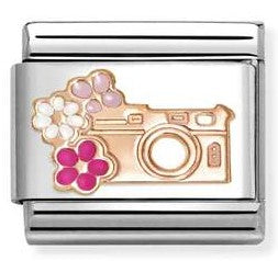 430202/31 Classic steel, enamel, 9k rose gold Camera with flowers