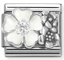 330325/01 Classic OX., steel, enamel, cz, 925 silver WHITE flower with flowers