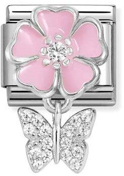 331814/02 Classic CHARMS steel, 925 silver, enamel, cz Pink flower with butterfly