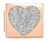 230203/01  Glam Steel,Enamel Fin, PINK GOLD  Heart, SILVER GLITTER