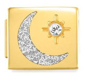 230308/04 Glam  steel, cz Fin, YELLOW GOLD Moon and Star