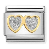 030220/01 Classic GLITTER , steel, enamel, bonded yellow gold, Double SILVER hearts