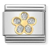 030220/06 Classic GLITTER ,steel, enamel, bonded yellow gold SILVER flower