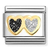 030220/15 Classic GLITTER SYMBOLS in steel, enamel and 18k gold Double Heart BLACK and SILVER