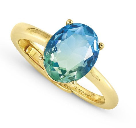 SYMBIOSI ring 925 sterling silver, BICOLOR stones LIGHT BLUE-GREEN fin. Yellow g