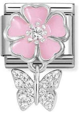 331814/02 Classic CHARMS steel, 925  silver, enamel, cz Pink flower with butterfly