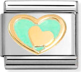 030283/29 Classic S/steel, enamel & 18k gold Green Heart with Gold Heart